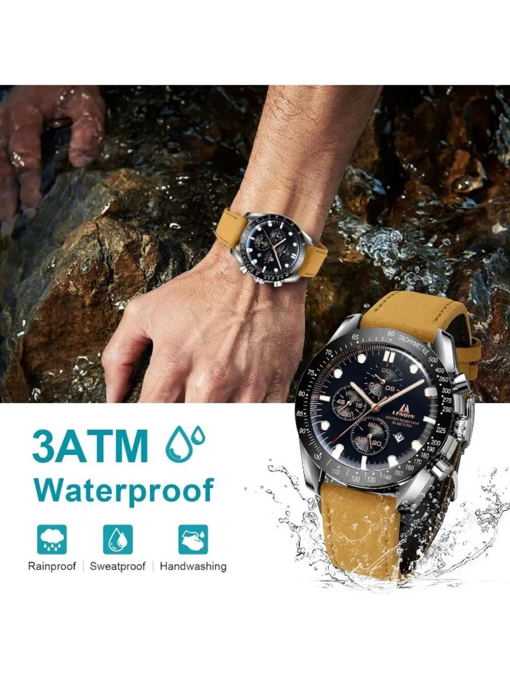 Men's Brown Black Analog Quartz Leather Waterproof Luminous Luxury Casual Watch